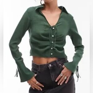 Topshop Forest Green Blouse with Tie Detail